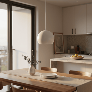 White metal dome pendant light hanging above a wooden dining table set with plates and a vase.