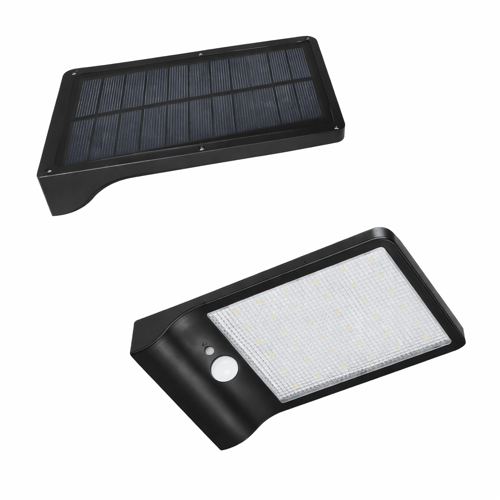 Solar-powered outdoor light with solar panel and LED light on a white background