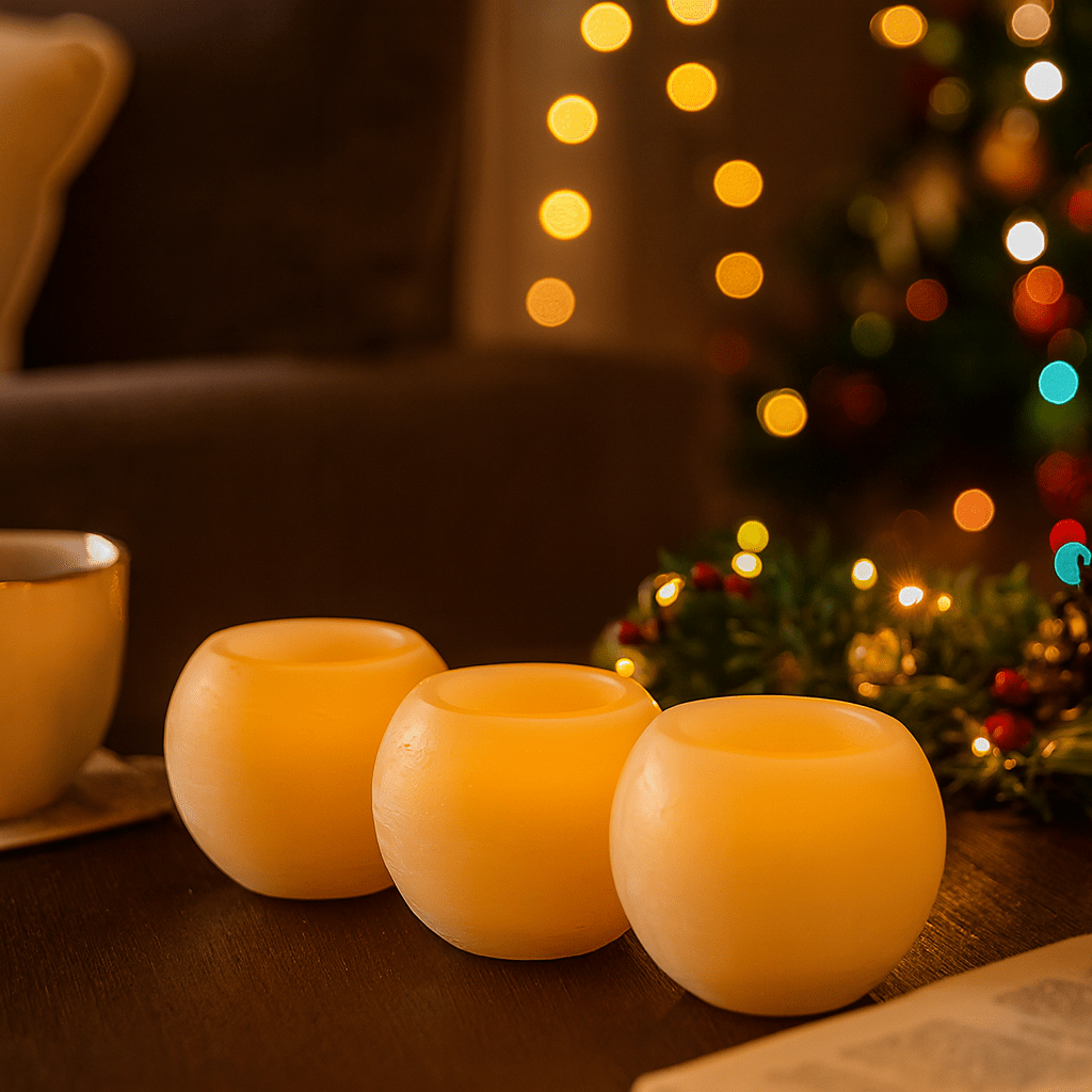 Three round LED candles glowing softly on a wooden table, with festive lights in the background.