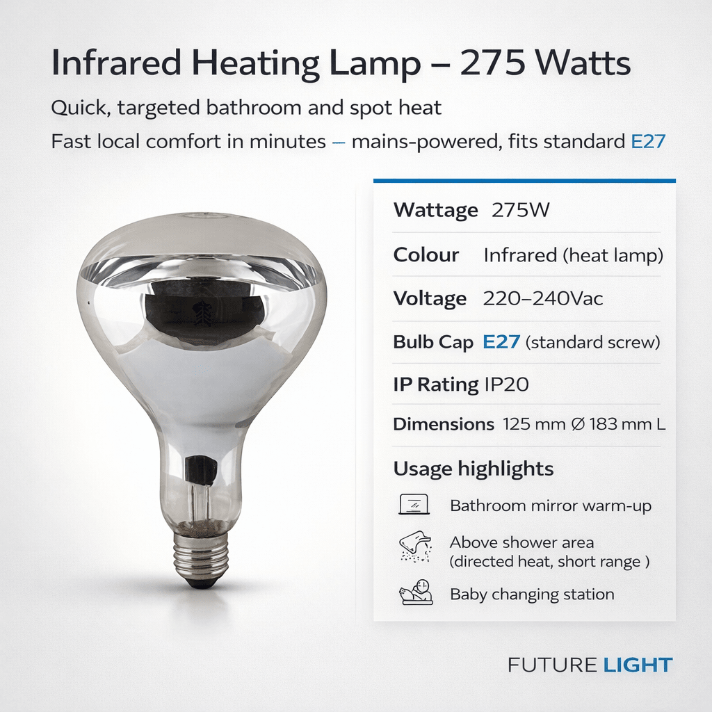 Close-up of a 275W infrared heating lamp with E27 screw cap, showcasing its design and usage highlights.
