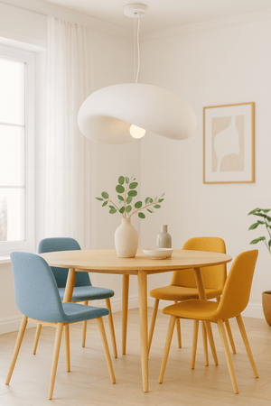 Ivory Drift 500 Pendant Light hanging above a wooden dining table surrounded by colorful chairs and decor.