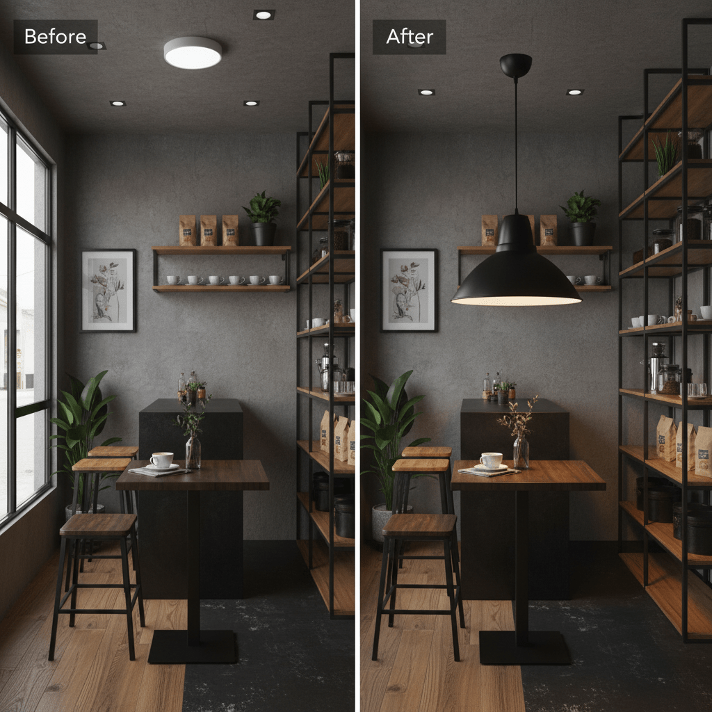 Before and after comparison of a kitchen space with a pendant light installation, showcasing improved lighting.