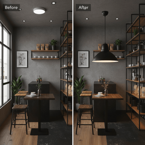 Before and after comparison of a kitchen space with a pendant light installation, showcasing improved lighting.