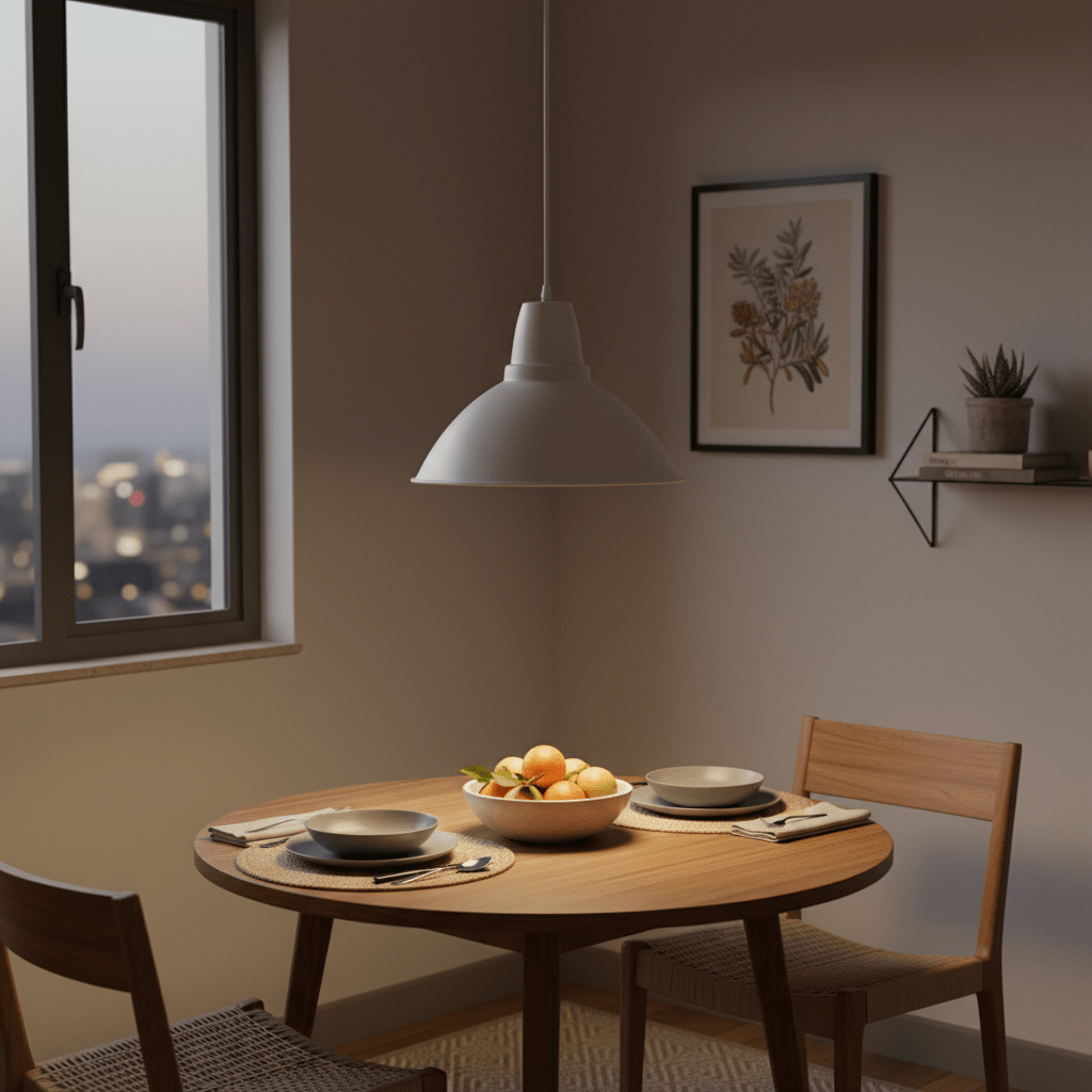 Minimalist white pendant light above a wooden dining table set with plates and a bowl of oranges.