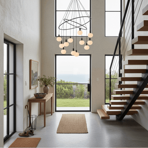 Cosmo 12 Light Chandelier suspended in a modern entryway with large windows and a staircase.