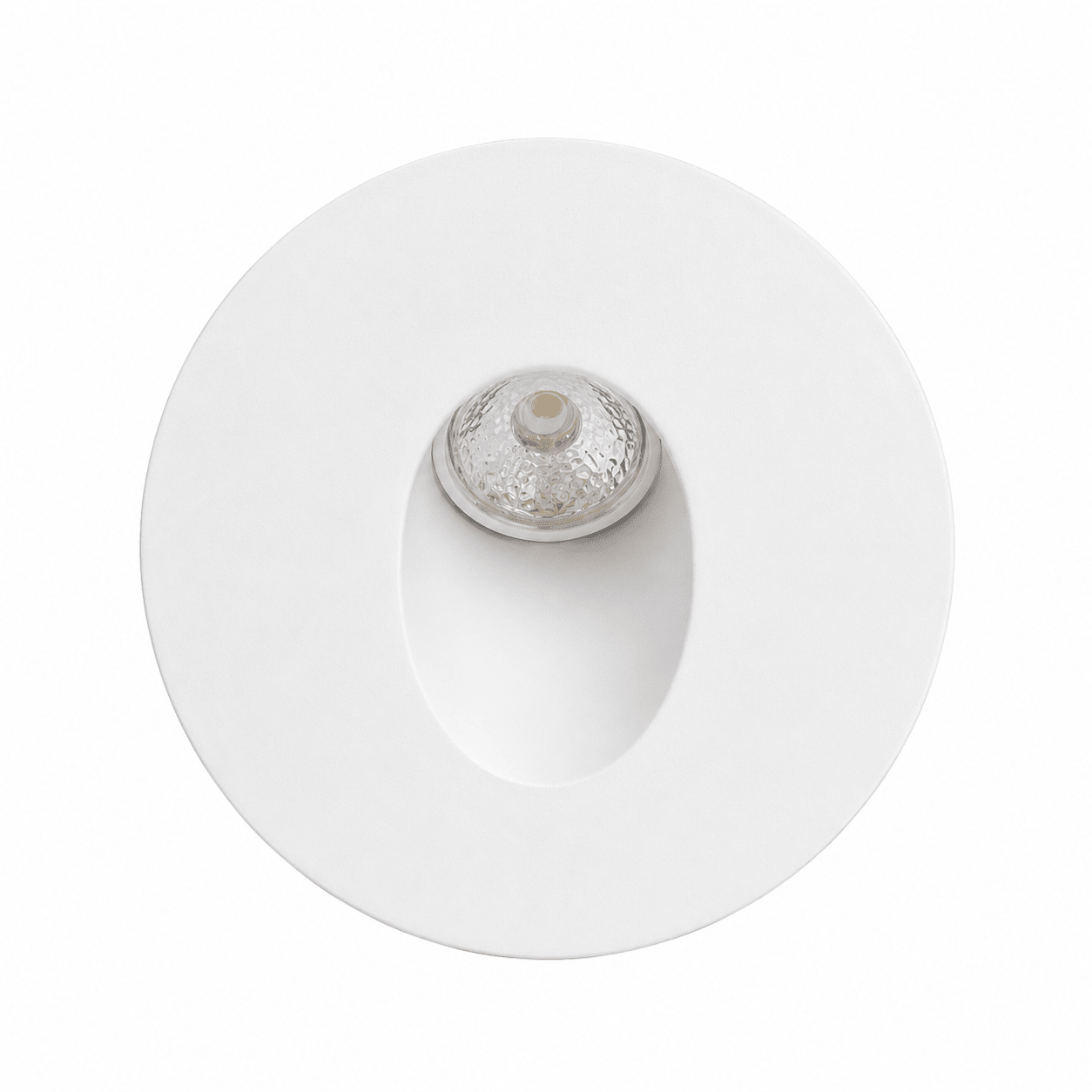 Top view of a round recessed indoor LED step light in white, featuring a clear integrated LED bulb.