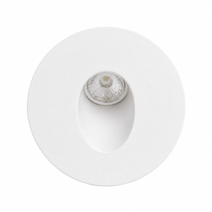 Top view of a round recessed indoor LED step light in white, featuring a clear integrated LED bulb.