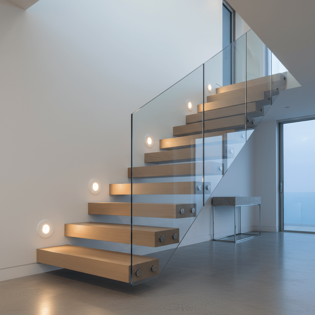 Stylish wooden staircase with recessed LED step lights, enhancing safety and ambiance.