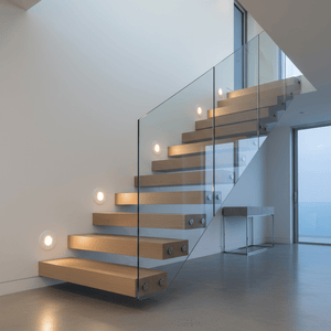 Stylish wooden staircase with recessed LED step lights, enhancing safety and ambiance.