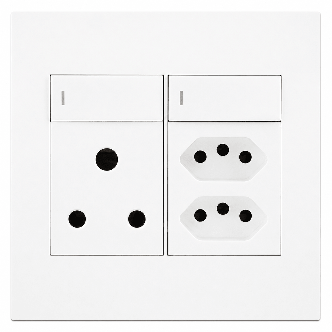 Modern white switched wall socket with two USB ports next to a TV cabinet in a South African lounge, phones charging via USB, realistic interior lighting and shadows