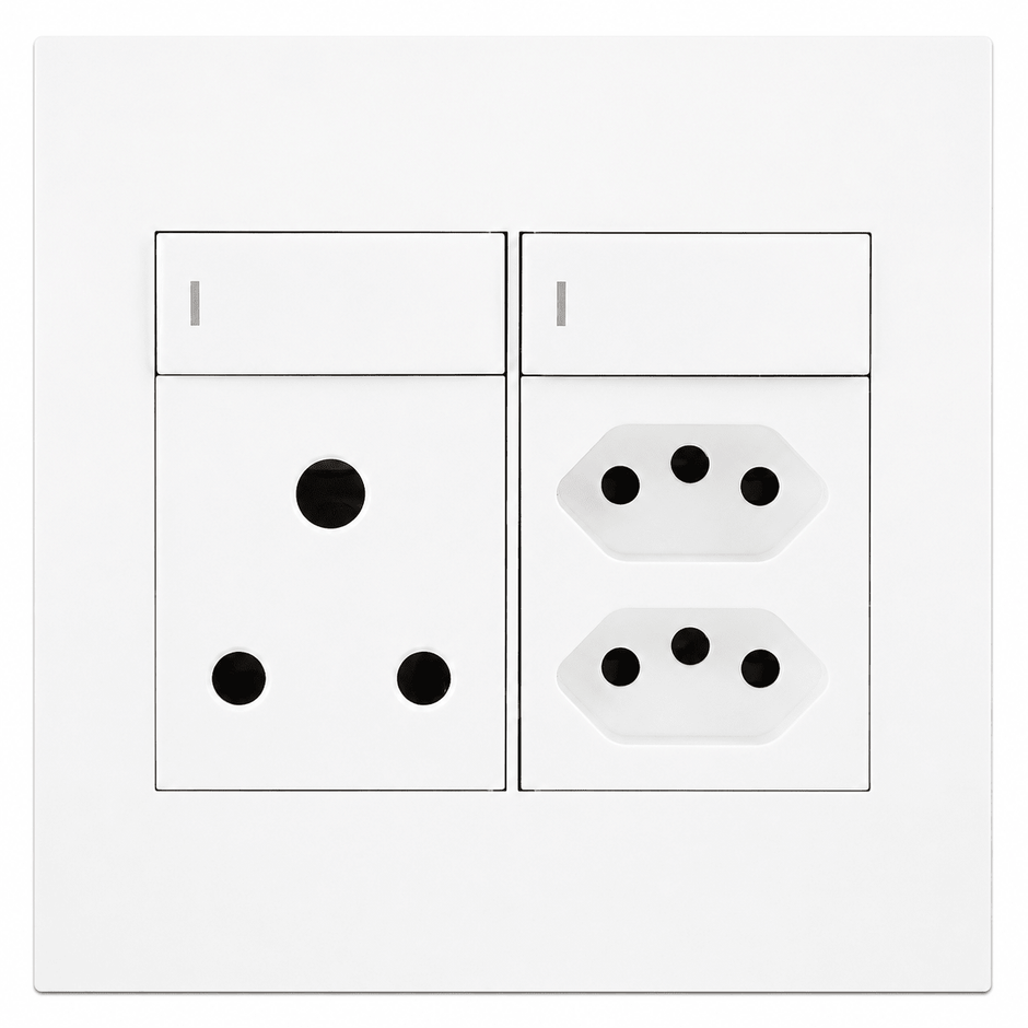 Modern white 16A switched wall socket outlet near a TV cabinet with AV equipment in a South African home, realistic lighting and shadows, no text or logos