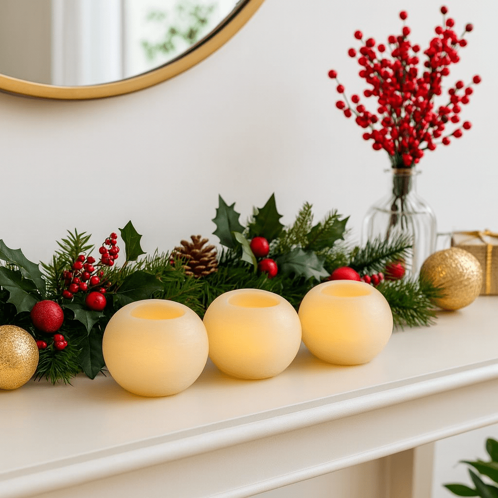 Three round LED candles arranged on a festive mantel with greenery and decorative ornaments.