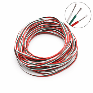 Coiled LED WS2811 addressable RGB strip light extension wire in red, green, and white colors.