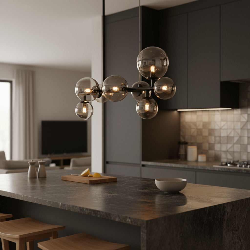 Modern pendant light with smoke glass shades hanging above a kitchen island, creating a stylish ambiance.