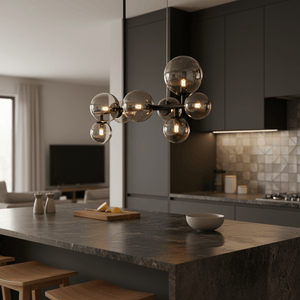 Modern pendant light with smoke glass shades hanging above a kitchen island, creating a stylish ambiance.