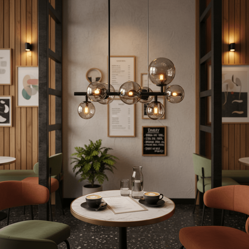 Modern pendant light with smoke glass shades illuminating a cozy café setting with tables and chairs.