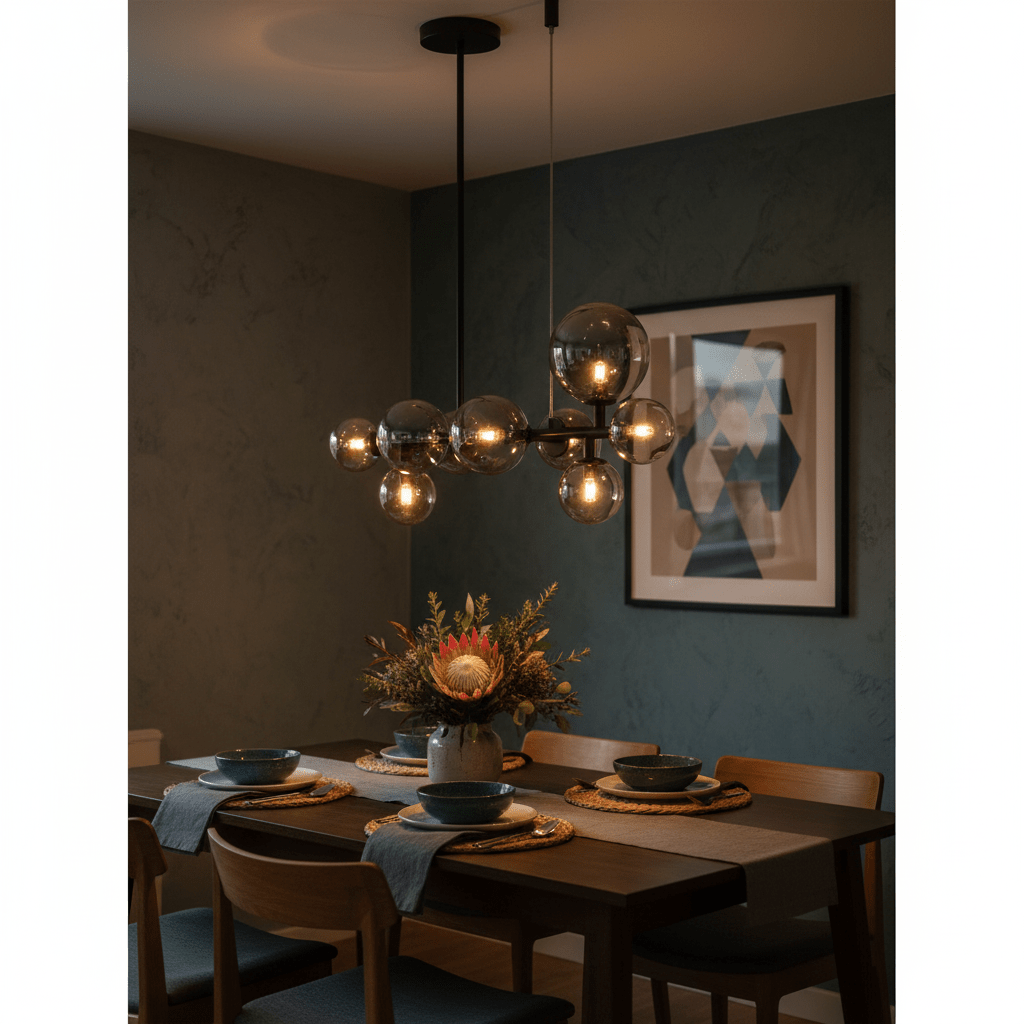 Stylish Nebula pendant light with smoke glass shades illuminating a dining table set with plates and a floral centerpiece.