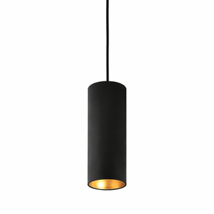Solo Round Aluminium Pendant light with a sleek black exterior and gold interior, suspended from a black cord.