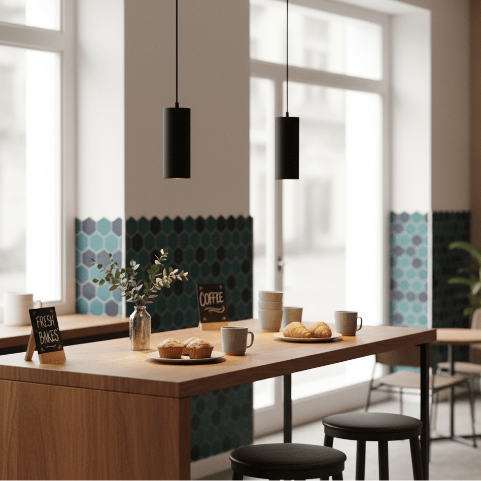 Stylish black pendant lights hang over a wooden table with pastries and coffee cups in a modern café setting.