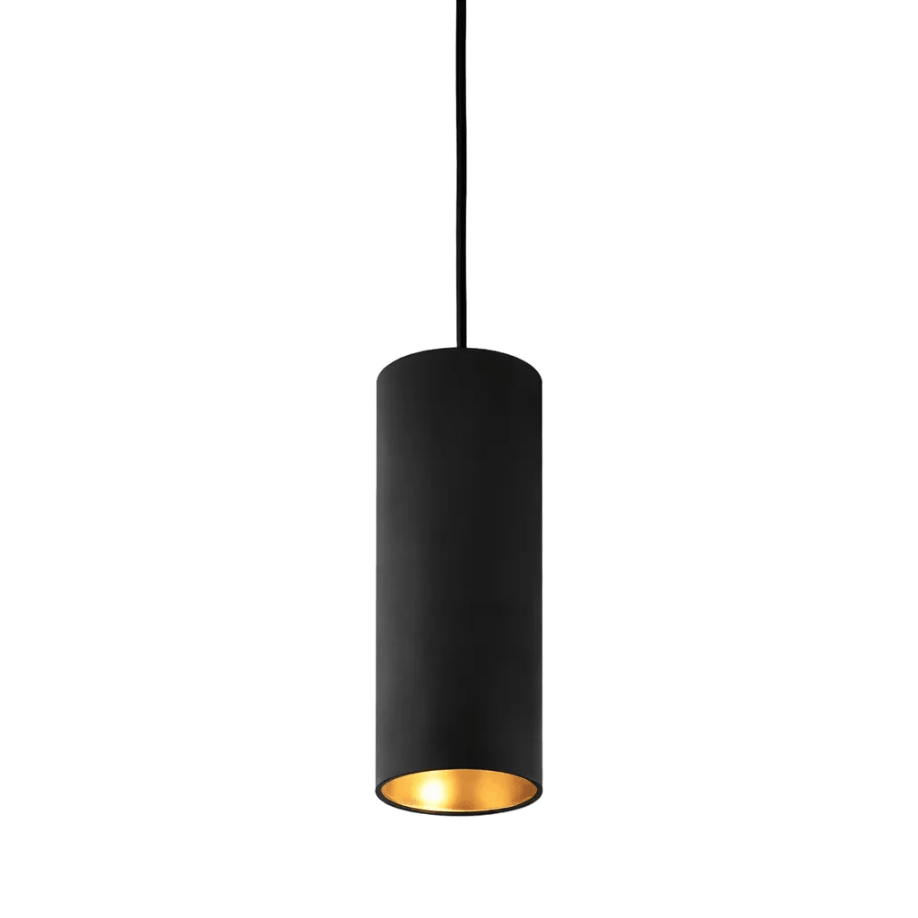 Black cylindrical pendant light with a gold interior, suspended from a thin black cord.