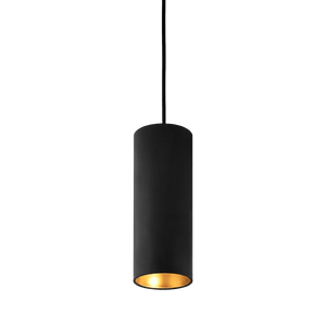 Black cylindrical pendant light with a gold interior, suspended from a thin black cord.