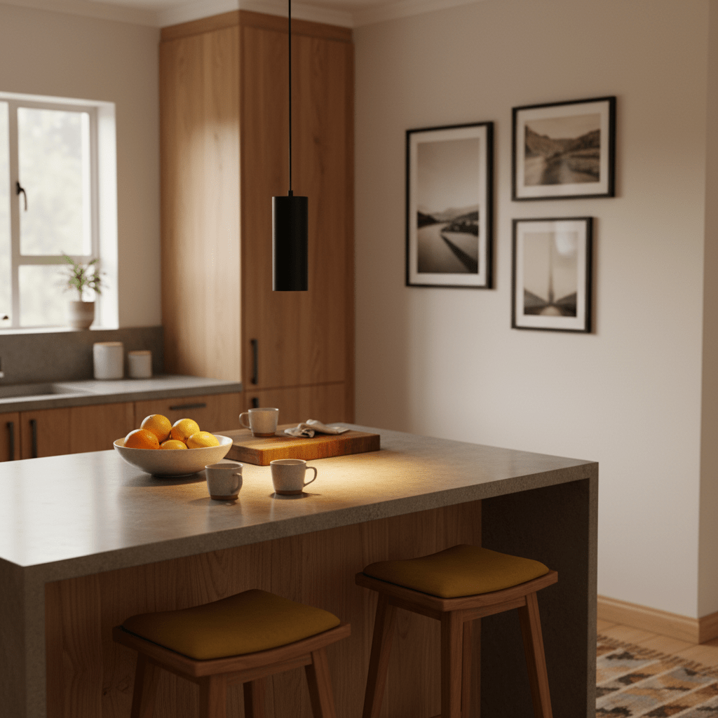 Minimalist kitchen scene featuring a Solo Round Aluminium Pendant light above a countertop with fruit and mugs.