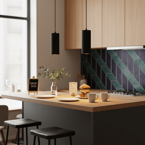 Two sleek black pendant lights hang over a modern kitchen island with a wooden countertop, featuring plates and coffee cups.