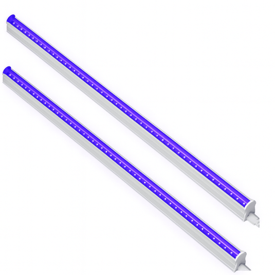 T5 LED under-counter fittings emitting UV-A light at 395nm, white linear fittings with purple LED strips on a white background