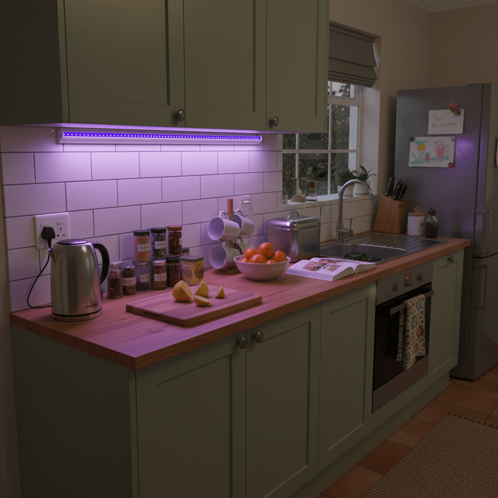 Kitchen with UVA lit wooden countertop, appliances, and food items.