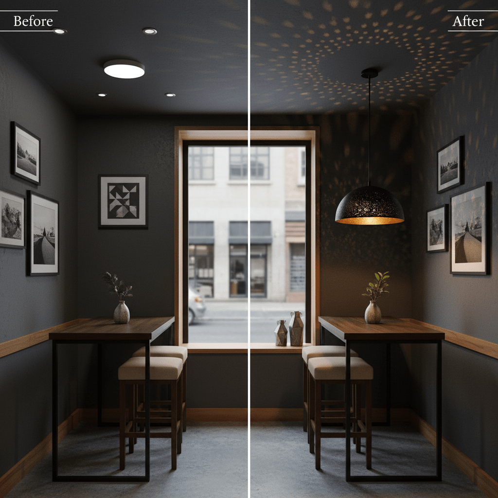 Before and after comparison of a dining area with a black metal pendant light, showcasing starry light patterns.