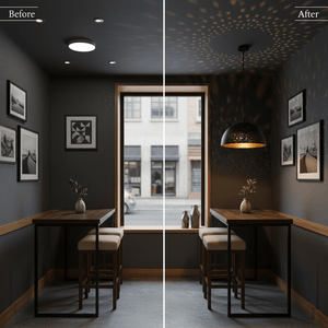 Before and after comparison of a dining area with a black metal pendant light, showcasing starry light patterns.
