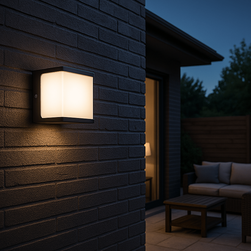 Belize Coastal LED Wall Light mounted on a textured brick wall, illuminating a cozy outdoor seating area at dusk.
