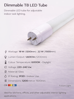 Dimmable T8 LED tube with specifications on a white background