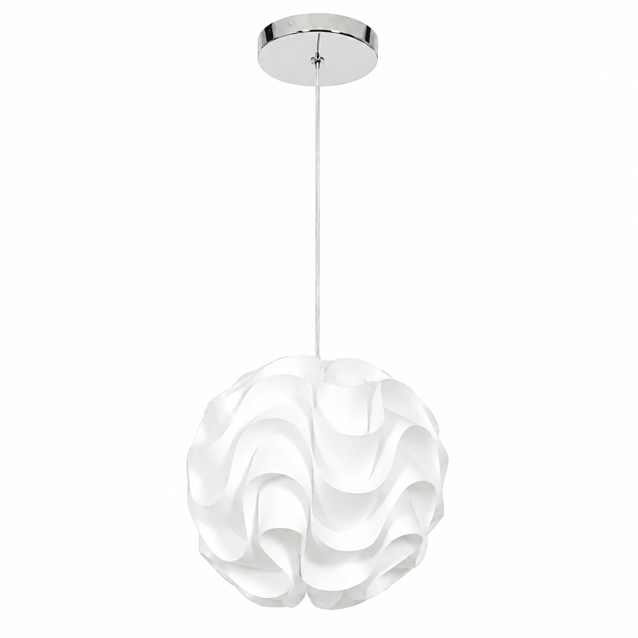 White wavy polypropylene pendant light with a chrome ceiling mount, showcasing a modern design.