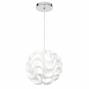 White wavy polypropylene pendant light with a chrome ceiling mount, showcasing a modern design.