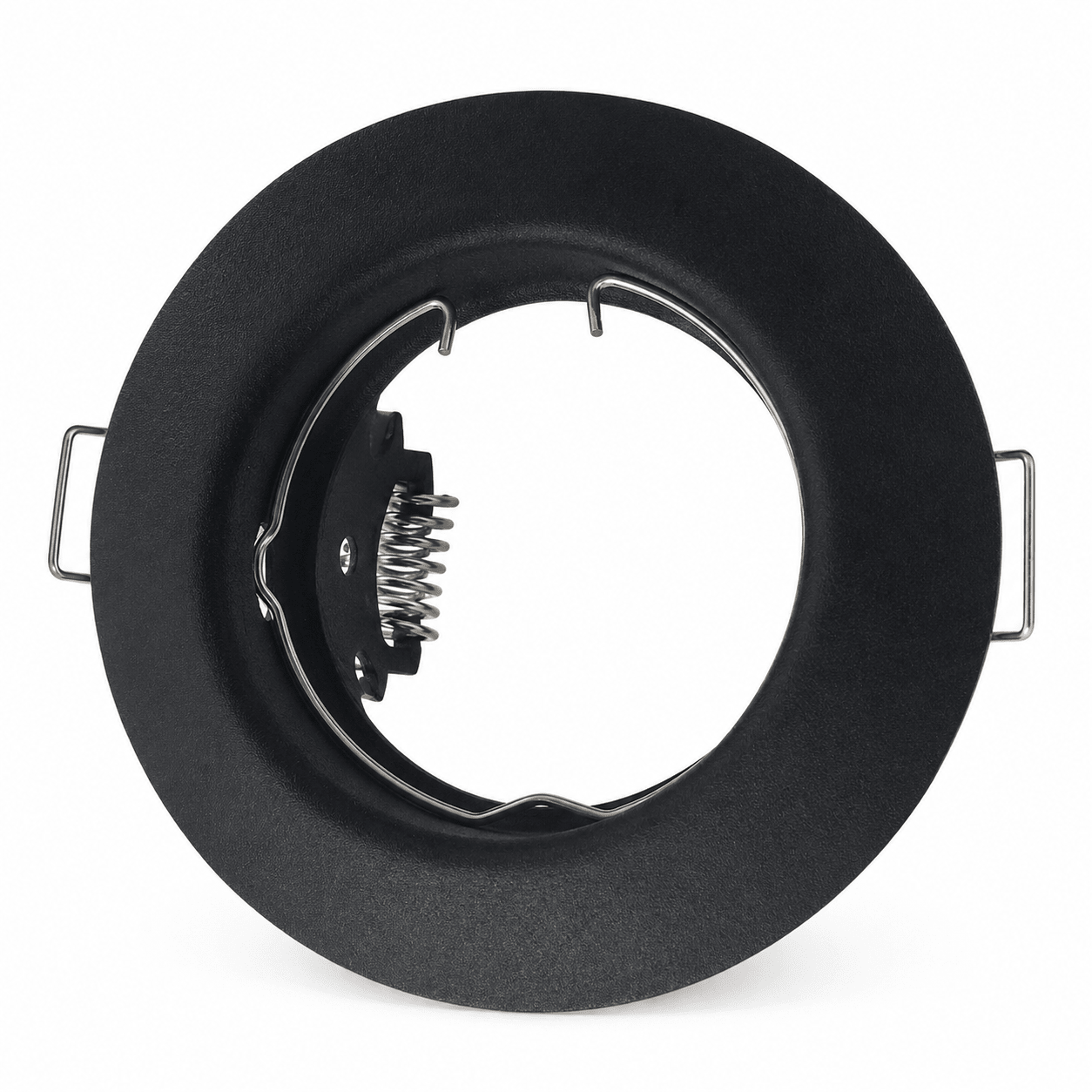 Black pressed metal straight downlight with a 51 mm cut-out, showcasing a sleek design and spring clips.