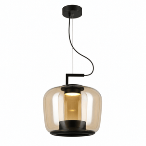 Amber glass pendant light with a black metal fixture, showcasing a modern design and warm glow.