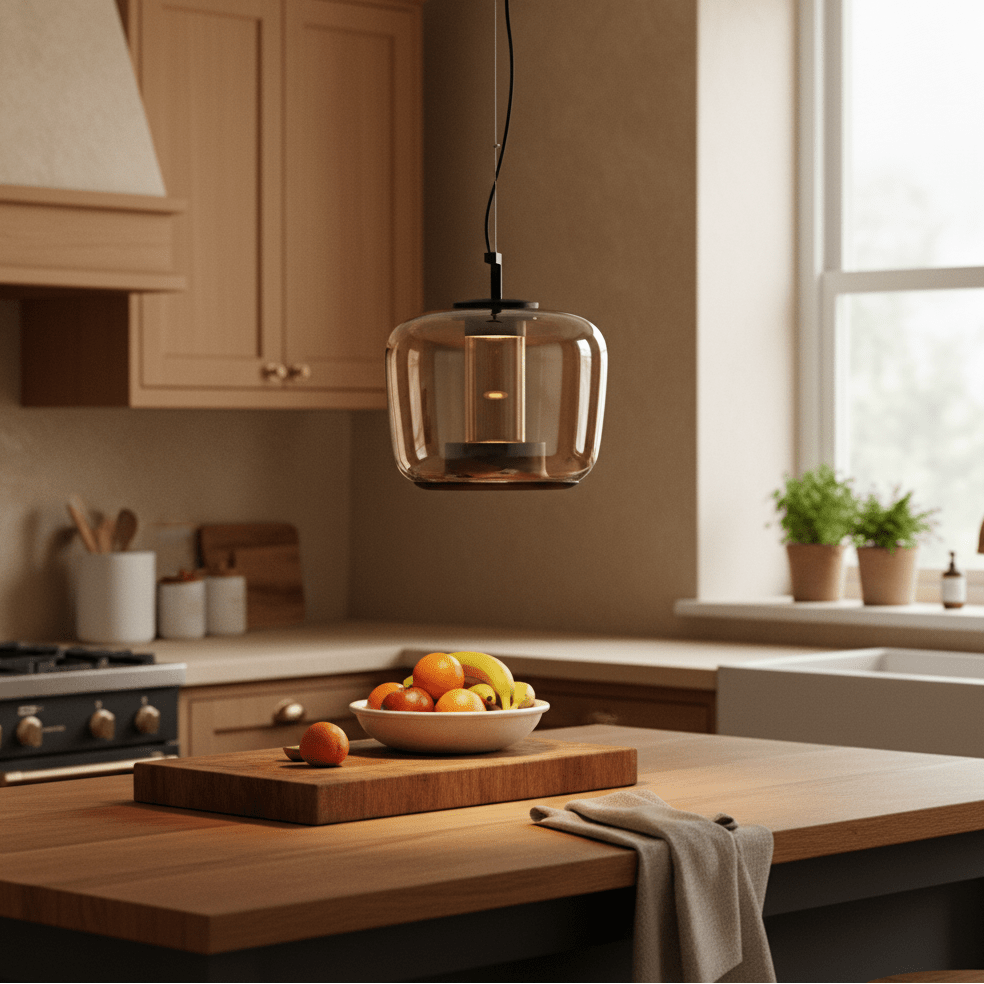 Amber LED pendant light hanging above a wooden kitchen island with a fruit bowl.