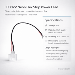 LED 12V Neon Flex Strip Power Lead with wires, showcasing specifications and usage highlights.