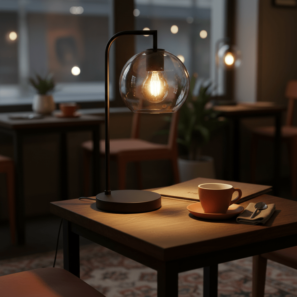 A stylish table lamp with a clear glass shade and metal frame on a wooden table, illuminating a coffee cup and a menu.