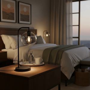 A stylish table lamp with a clear glass shade on a bedside table, accompanied by a water carafe and cup.