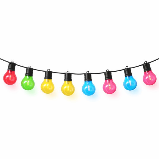 Colorful 5 meter festoon string lights with various bulb colors on a black cable.