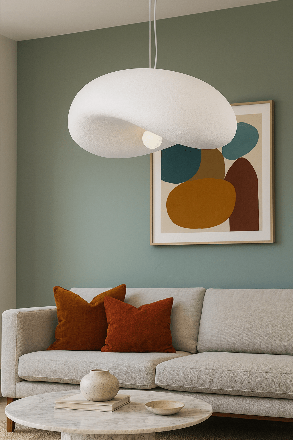 Ivory Drift 500 Pendant Light hanging above a cozy sofa with decorative pillows and a marble coffee table.