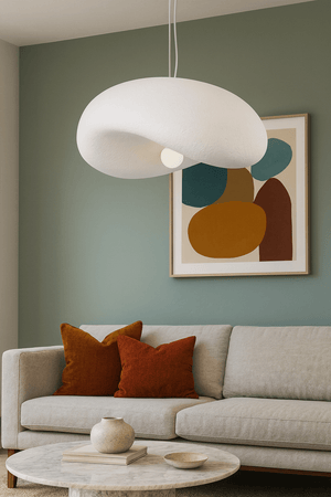 Ivory Drift 500 Pendant Light hanging above a cozy sofa with decorative pillows and a marble coffee table.