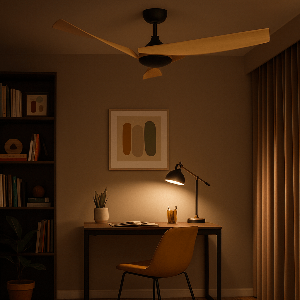 Different types of ceiling fans including DC, AC, and outdoor-rated models