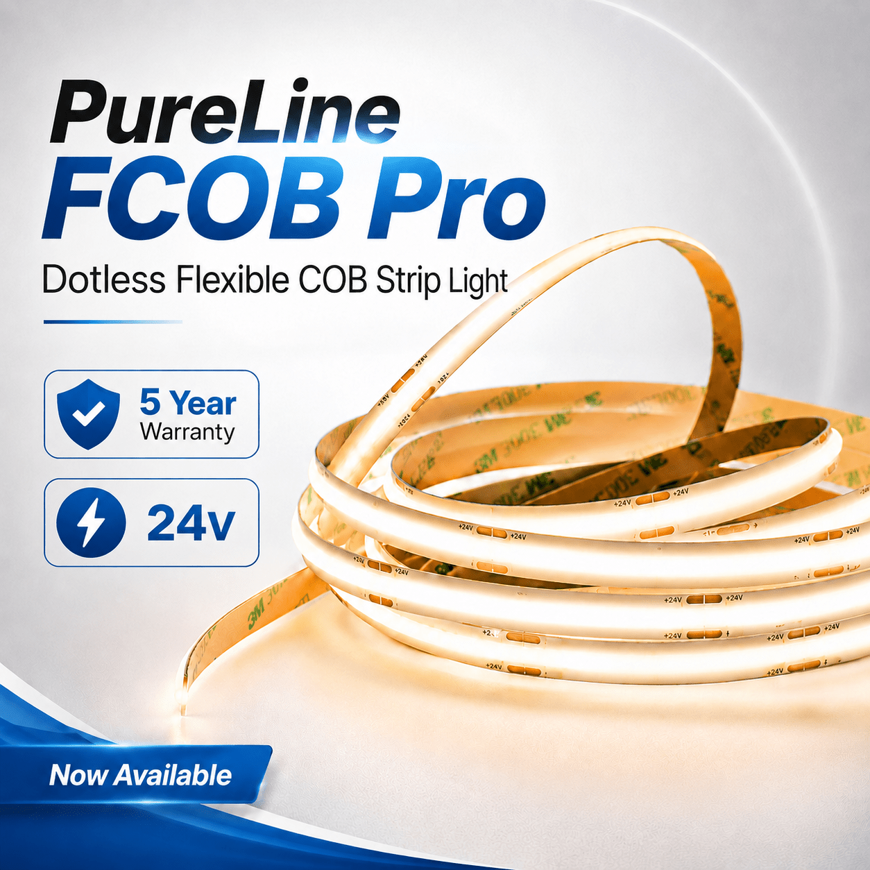 PureLine FCOB Pro dotless flexible COB strip light with 5 year warranty and 24V voltage on a white background.