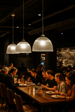 Three high bay pendant lights illuminate a dining area with patrons enjoying meals at a long wooden table.