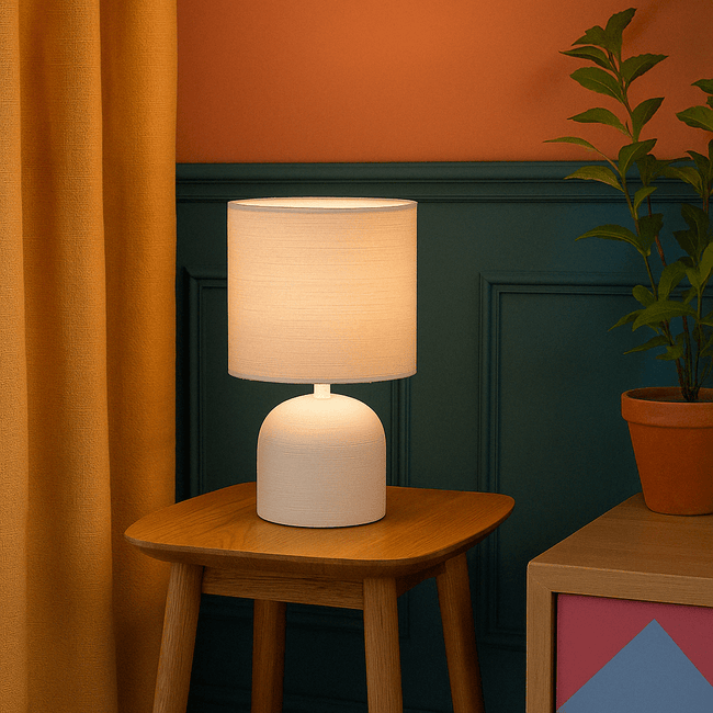 Close-up LED bulb in designer bedside lamp