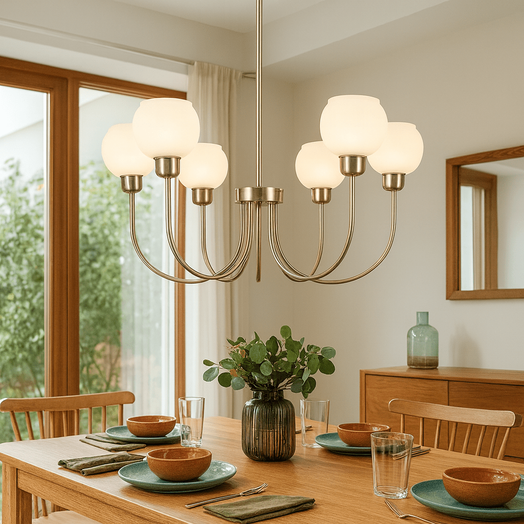 Satin Chrome 6-Light Chandelier with White Glass