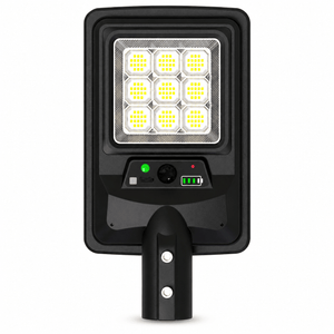 Solar LED street light with nine bright LEDs, motion sensor, and control panel, designed for outdoor use.